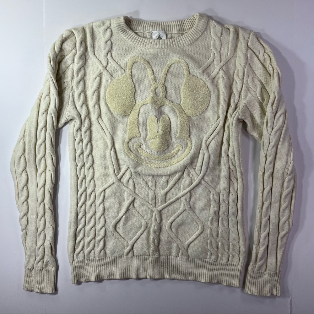 Disney Parks 2022 Exclusive Minnie Mouse Cable Knit Crewneck Sweater - cream, M